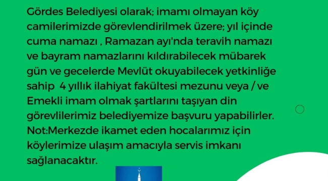 Gördes Belediyesi Din Görevlisi Alımı Yapacak